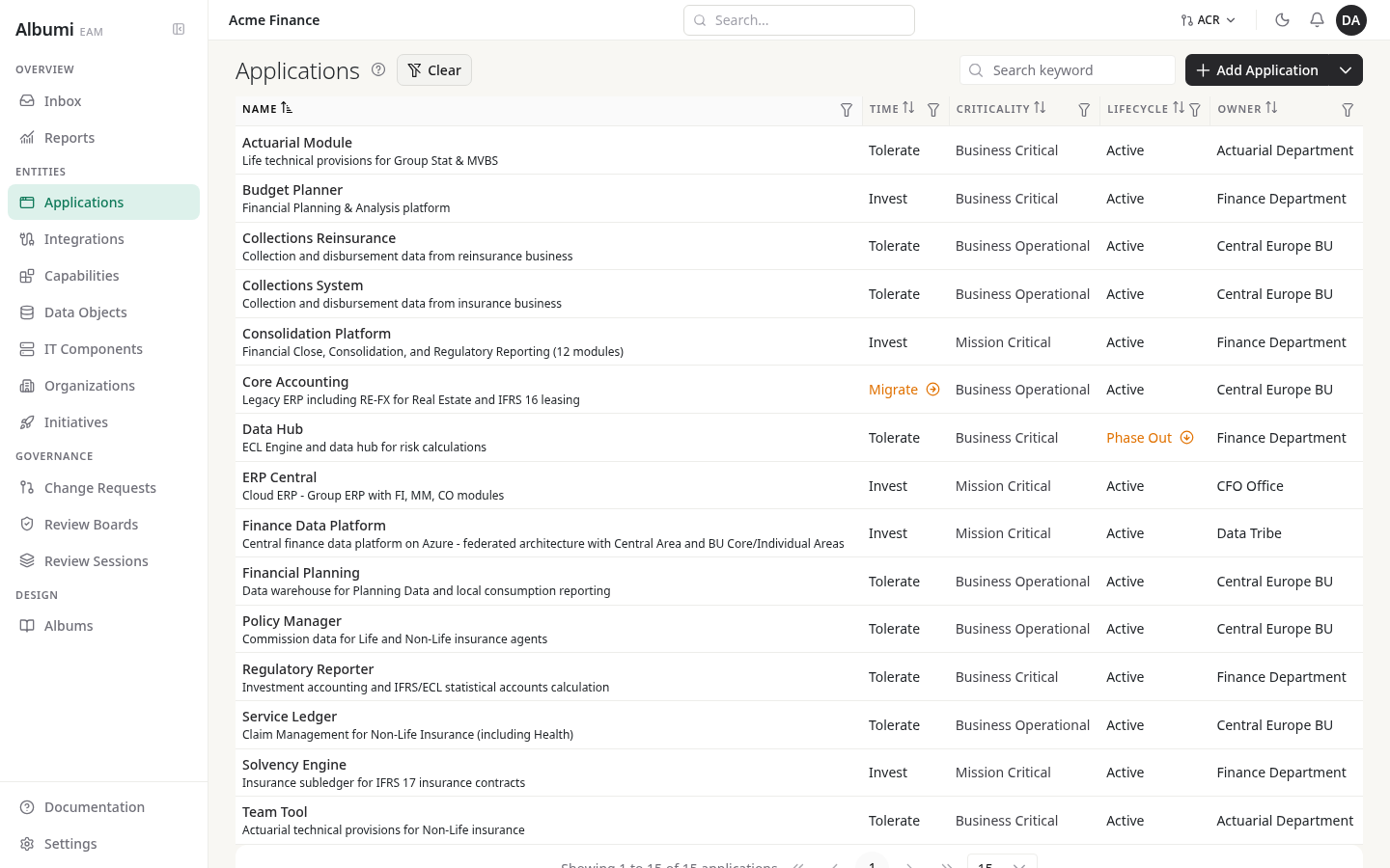 Application portfolio list view in Albumi - fifteen applications with TIME / criticality / lifecycle / owner columns.